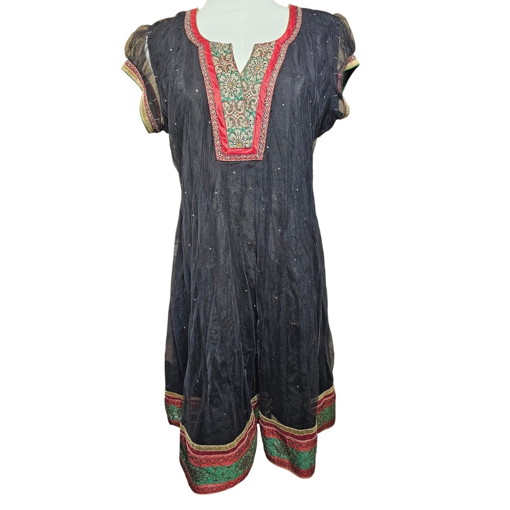 Neerus Black‎ Embroidered Sheer Tunic Dress Keyhole Back Red Green Trim Womens L